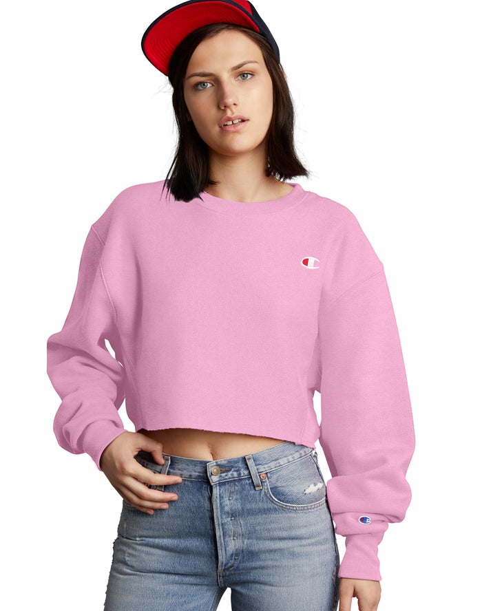 Champion Womens Sweatshirt NZ - Reverse Weave Cropped Cut-Off Crew Pink ( 1503-JYAOE )